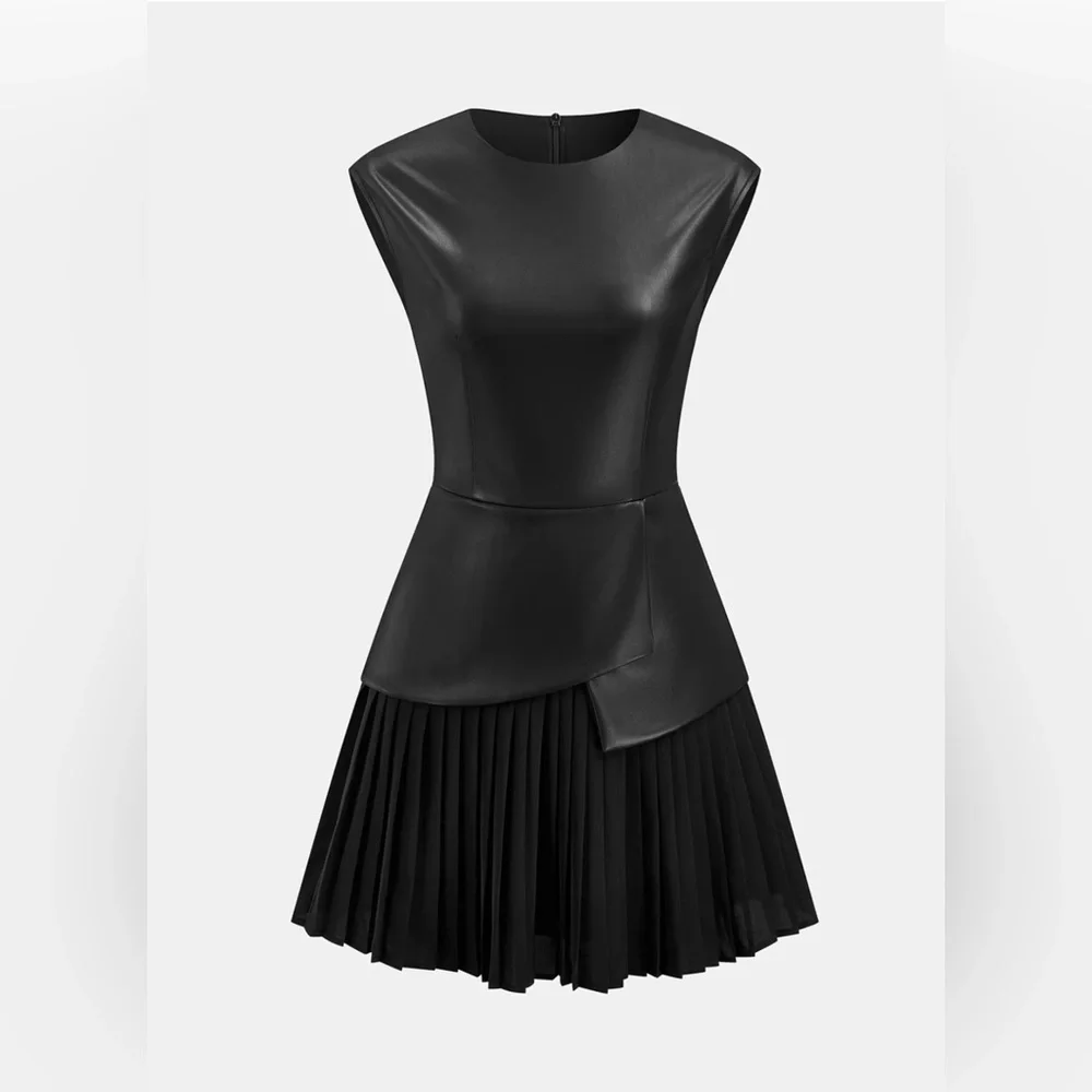 Commense Pleated Panel Sleeveless Faux Leather Dress - Picture 4 of 7